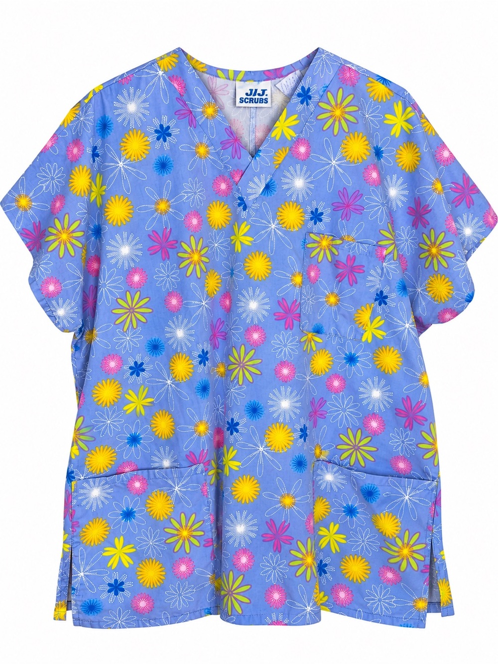 JIJ Scrubs Women’s 2X Blue Floral Daisy Print V Neck Medical Scrub Top